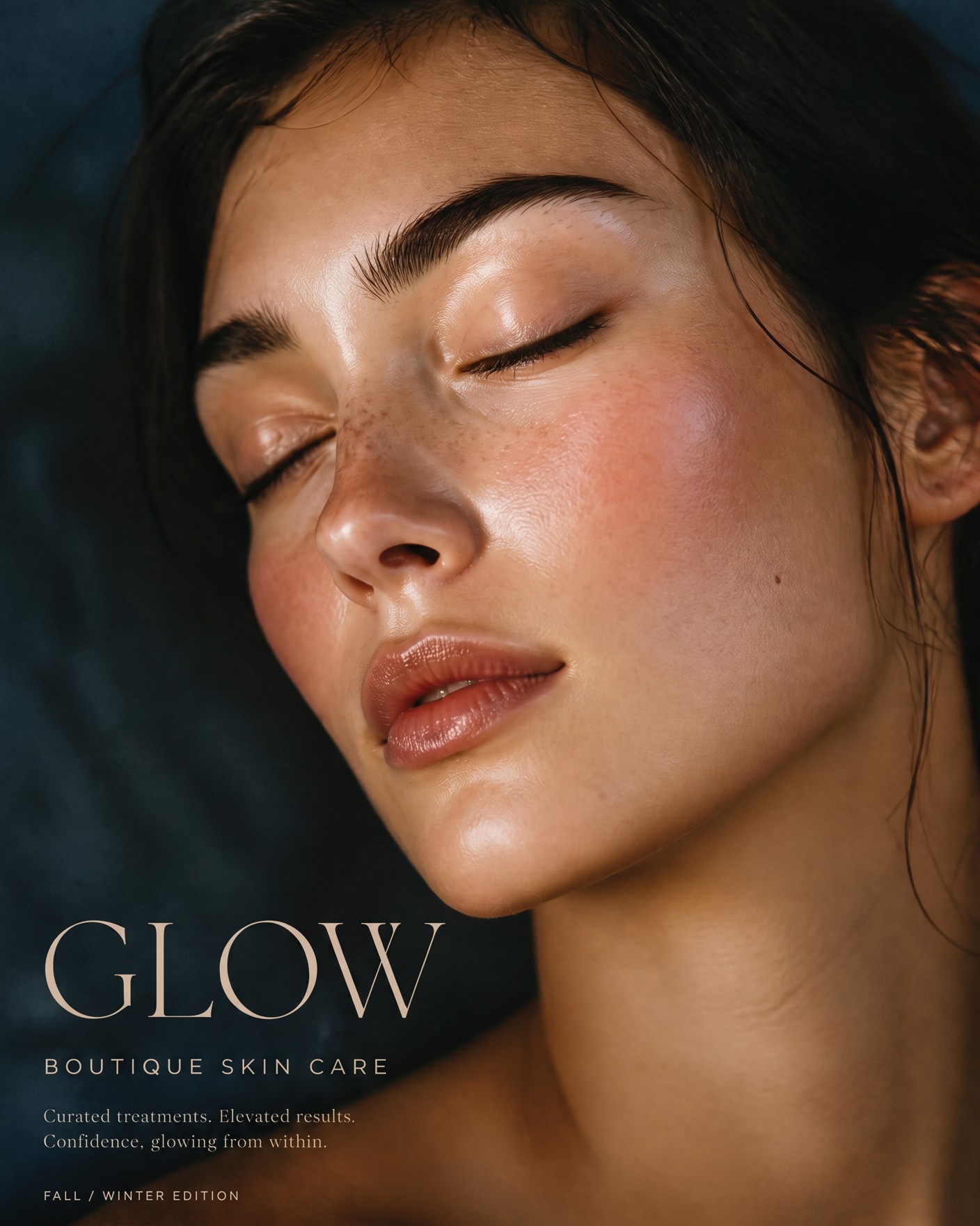 Serene close-up of a woman with glowing skin