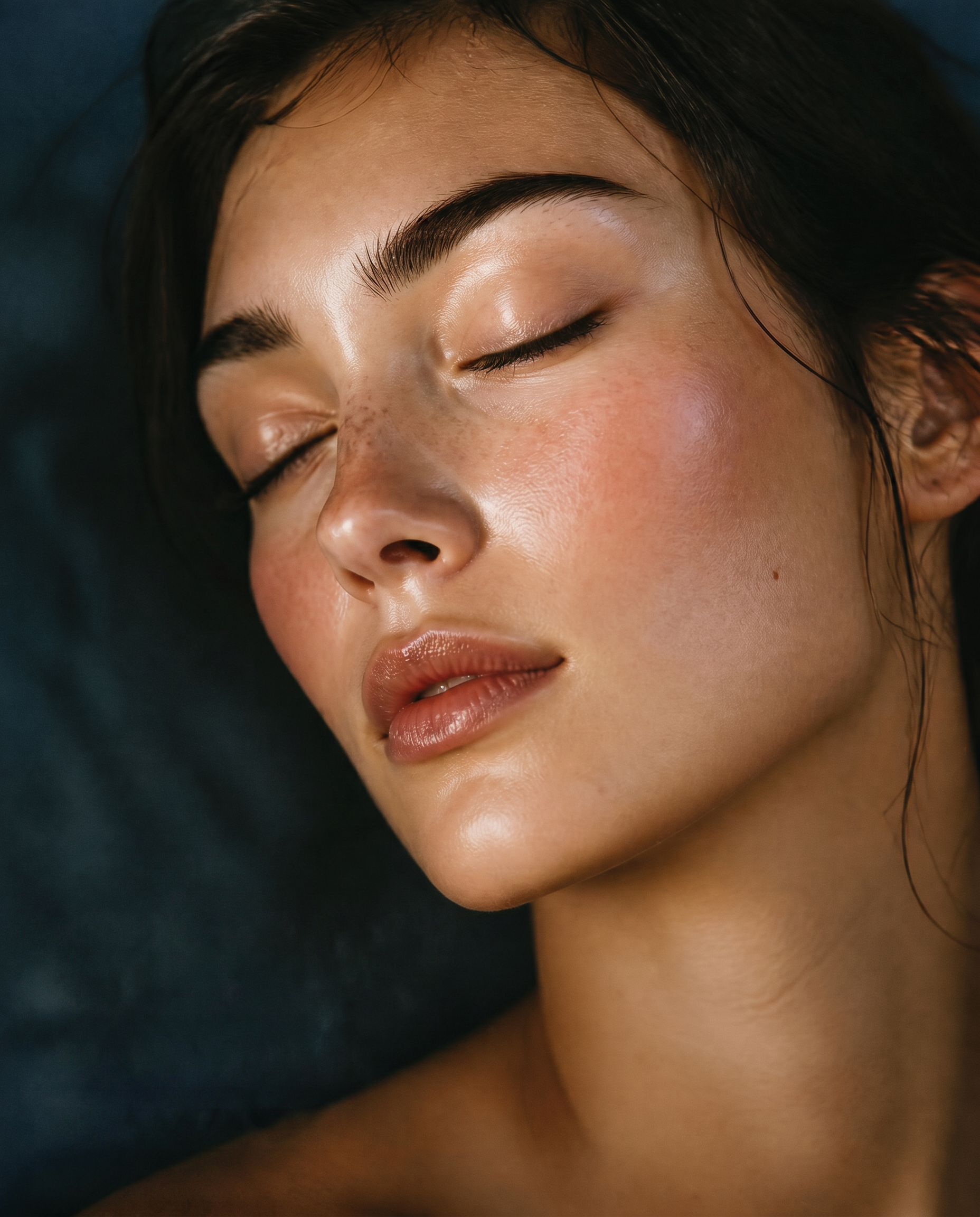 Serene close-up of a woman with glowing skin
