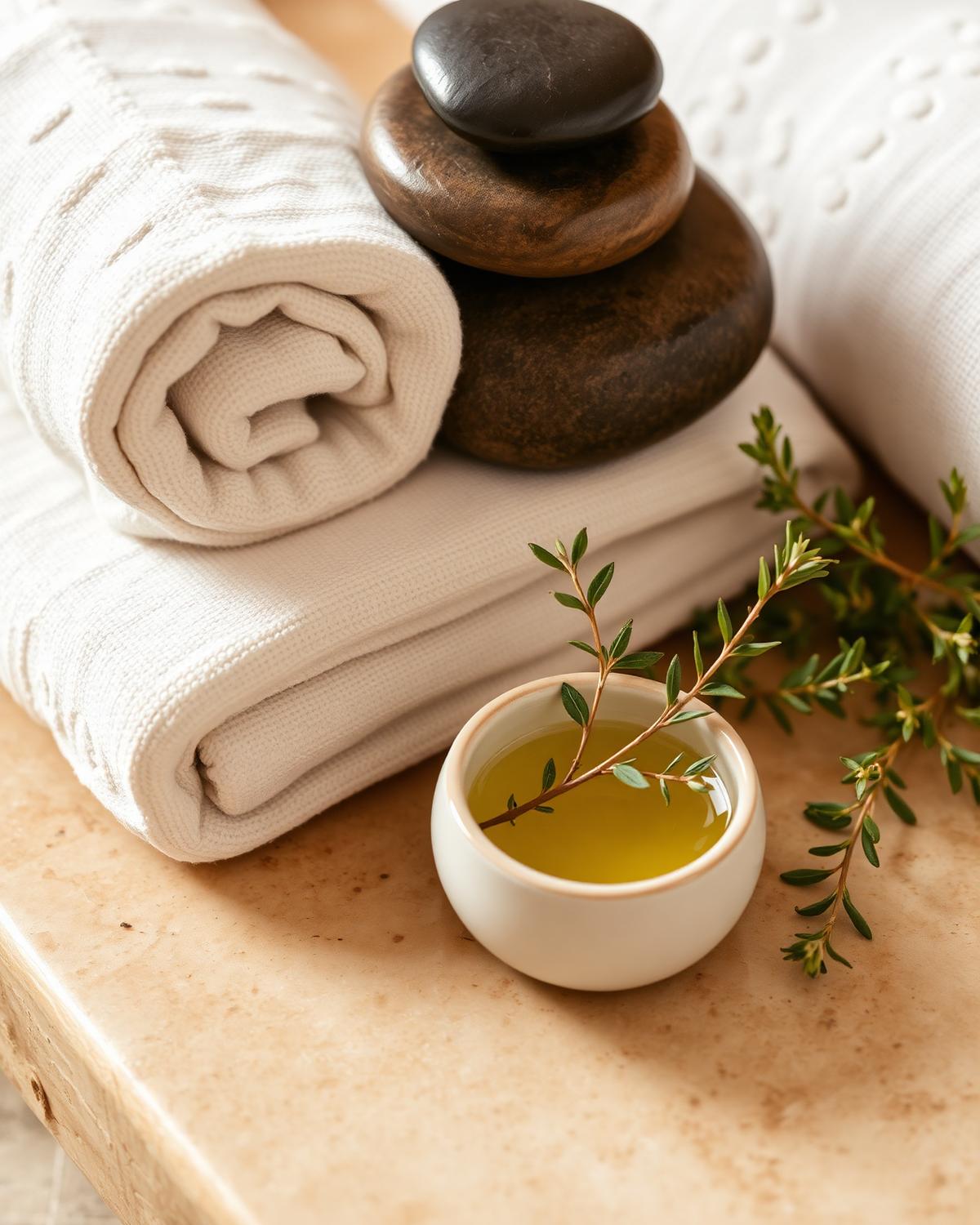 Warm spa still life with hot stones, linen towels and massage oil