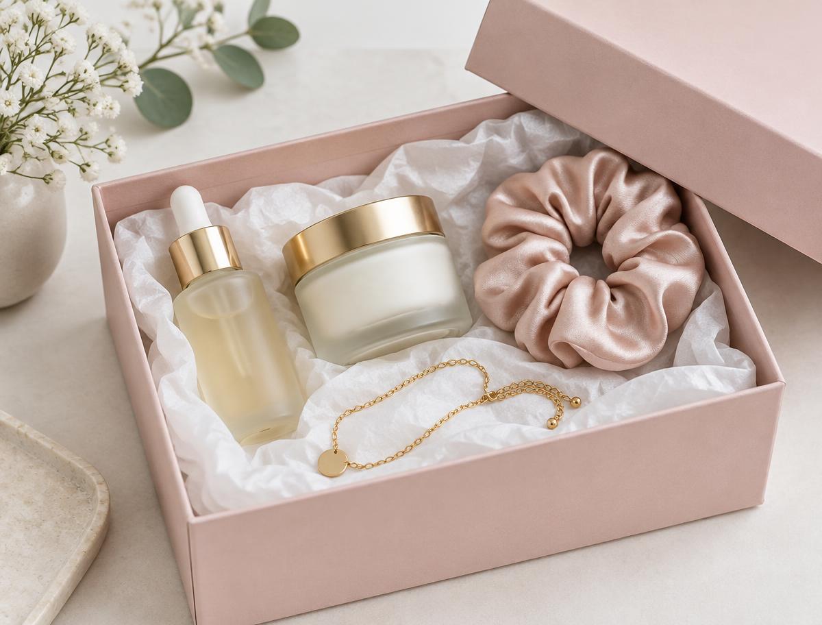 Illustrative skincare, jewelry and accessories gift box